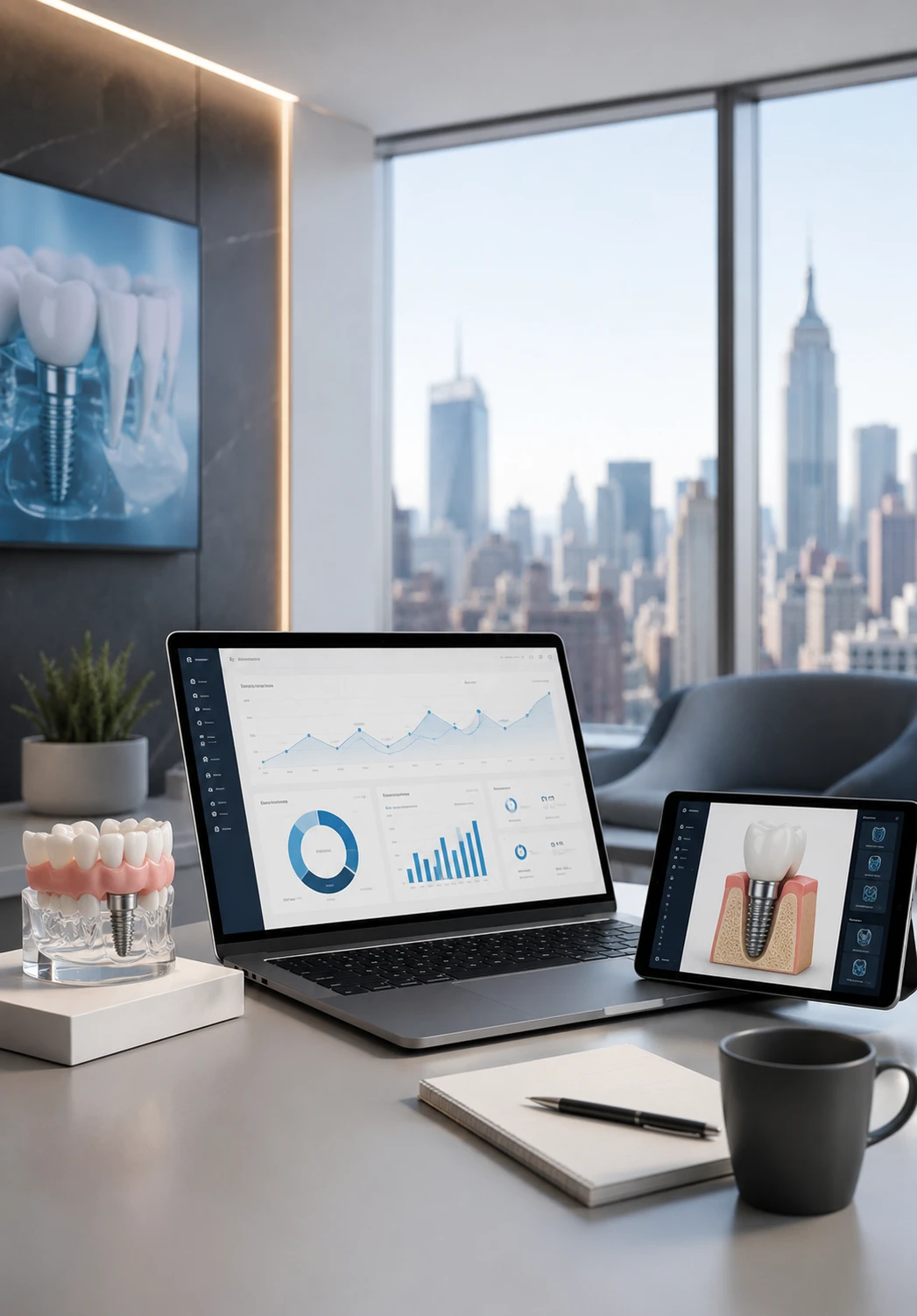 Dental implant marketing analytics displayed in a modern New York agency office with an implant model and city skyline.