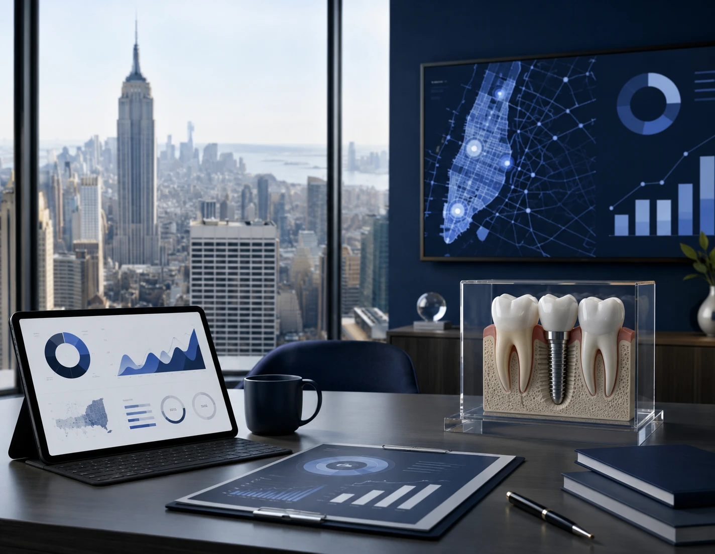 New York dental implant market analysis displayed in a professional marketing agency office.